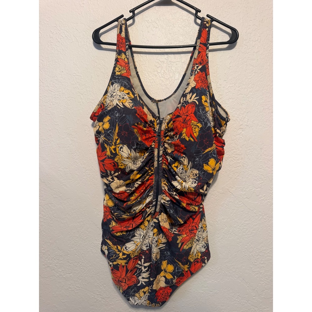 Delimira Womens Floral Zipper Front Ruched One Piece Swimsuit Size 22 Plus LT014